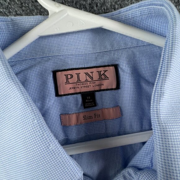 Thomas Pink Long Sleeve Button Up Shirt Men Cotton Blue Check 18 Slim Fit Woven - Picture 6 of 13